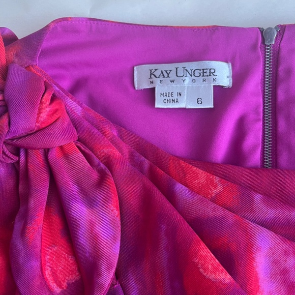 Kay Unger Pink Ruched Bow Neck Cocktail Pencil Abstract Print Sheath Dress - Picture 10 of 12